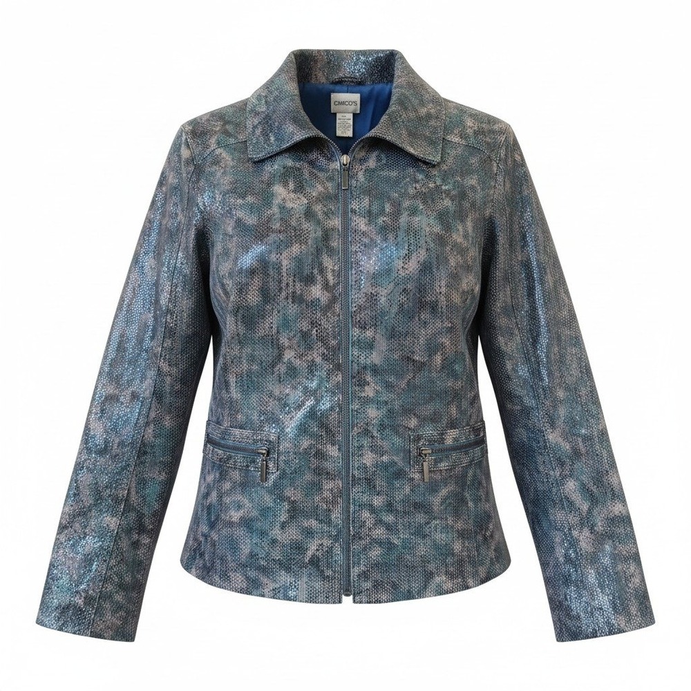 Chicos Blue Metallic Snakeskin Leather Jacket Zip Front Collared Size 2 Large